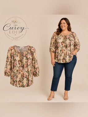 AB Studio Women’s 3X Floral Peasant Blouse | Boho Cottagecore Top | 3/4 Sleeve